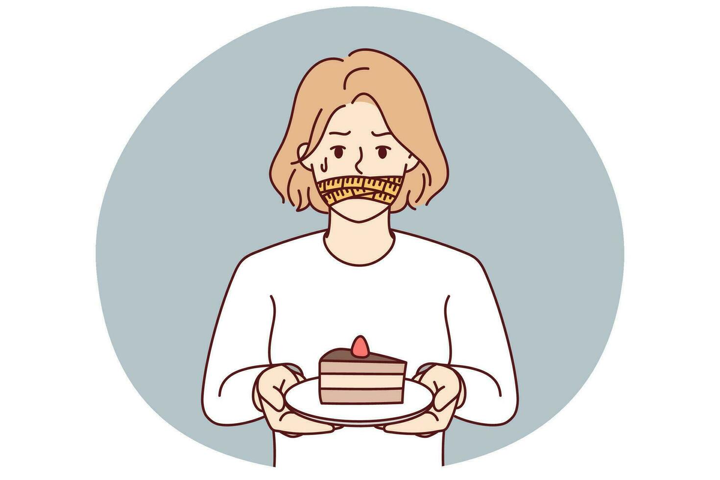 femme malheureuse avec la bouche fermée refuse de gâteau au chocolat. une fille stressée suit le régime alimentaire couvre la bouche du dessert. illustration vectorielle. vecteur