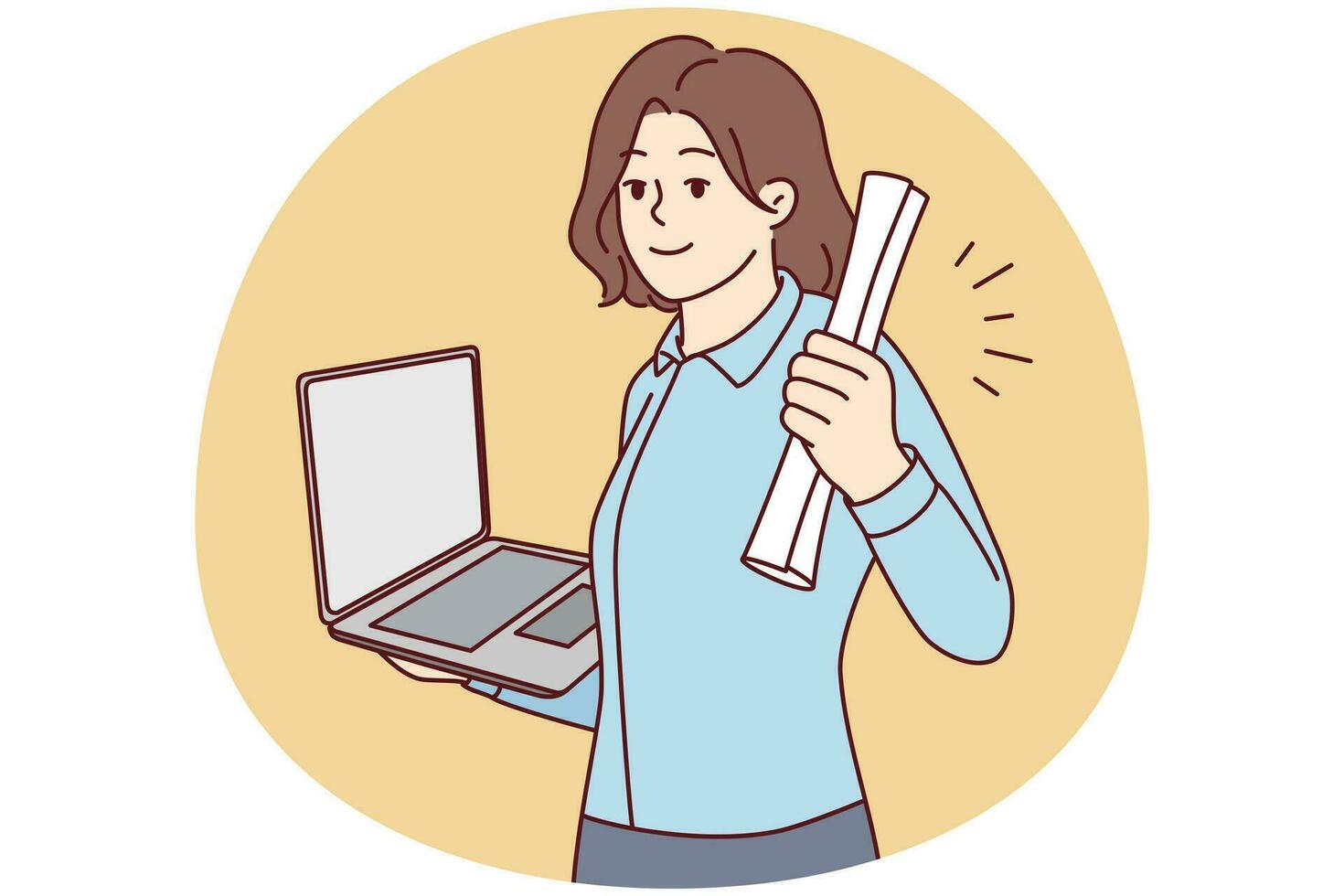 souriante jeune femme titulaire d'un diplôme et d'un ordinateur portable dans les mains diplômée de l'université en ligne. heureuse étudiante excitée par l'obtention du diplôme universitaire à distance. illustration vectorielle. vecteur