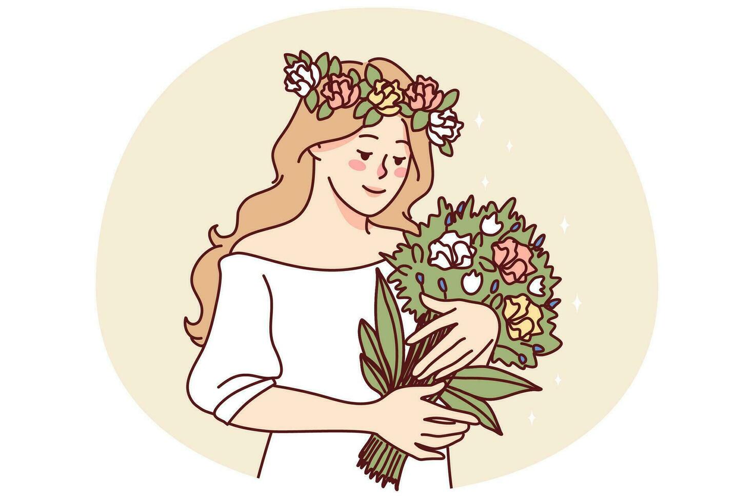 content femme avec fleur couronne sur tête en portant magnifique bouquet. souriant fille prendre plaisir été fleurs dans mains. bien mental santé. vecteur illustration.