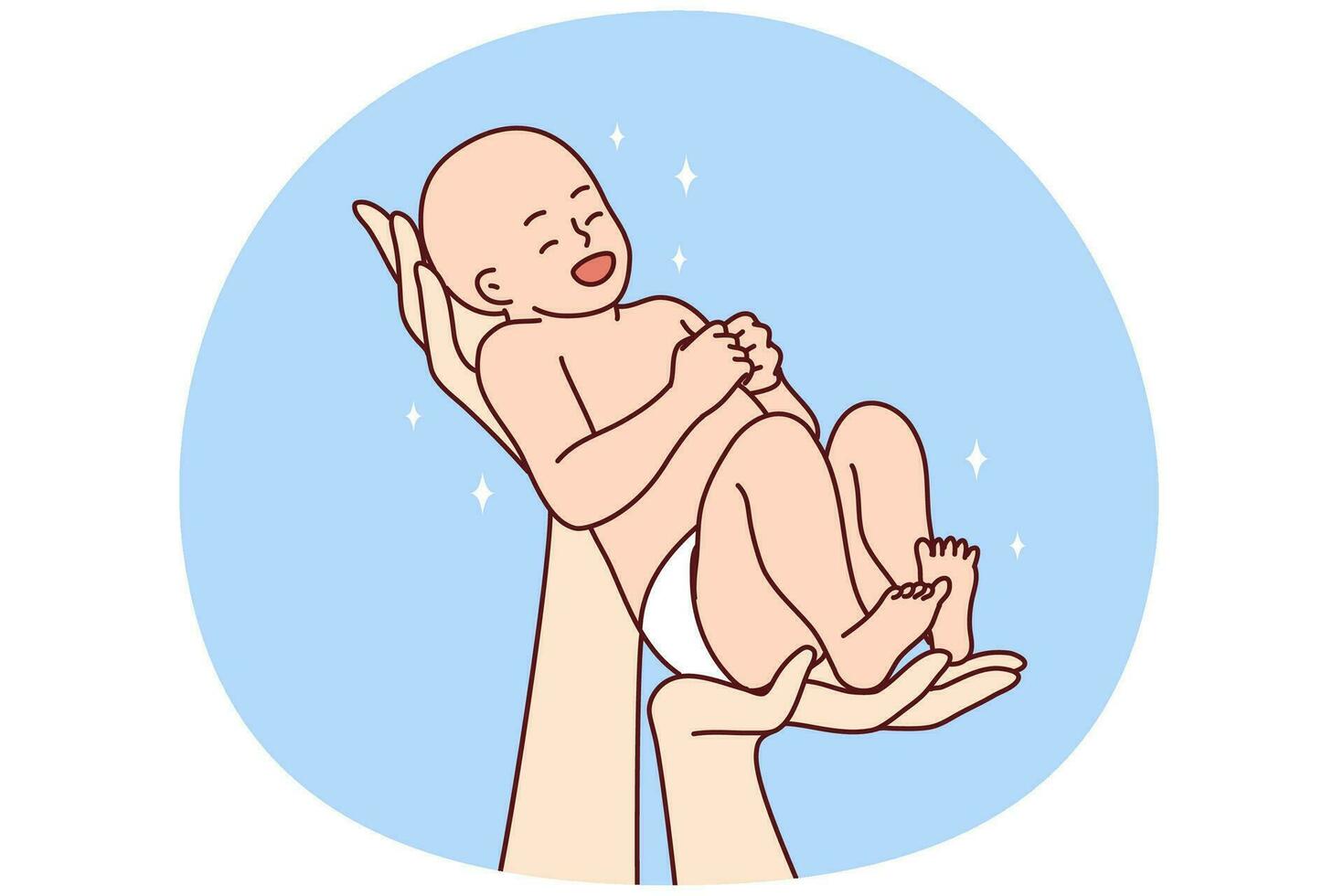 gros plan des mains tenant un nouveau-né mignon souriant. parent avec enfant bébé enthousiasmé par la parentalité. notion d'accouchement. illustration vectorielle. vecteur