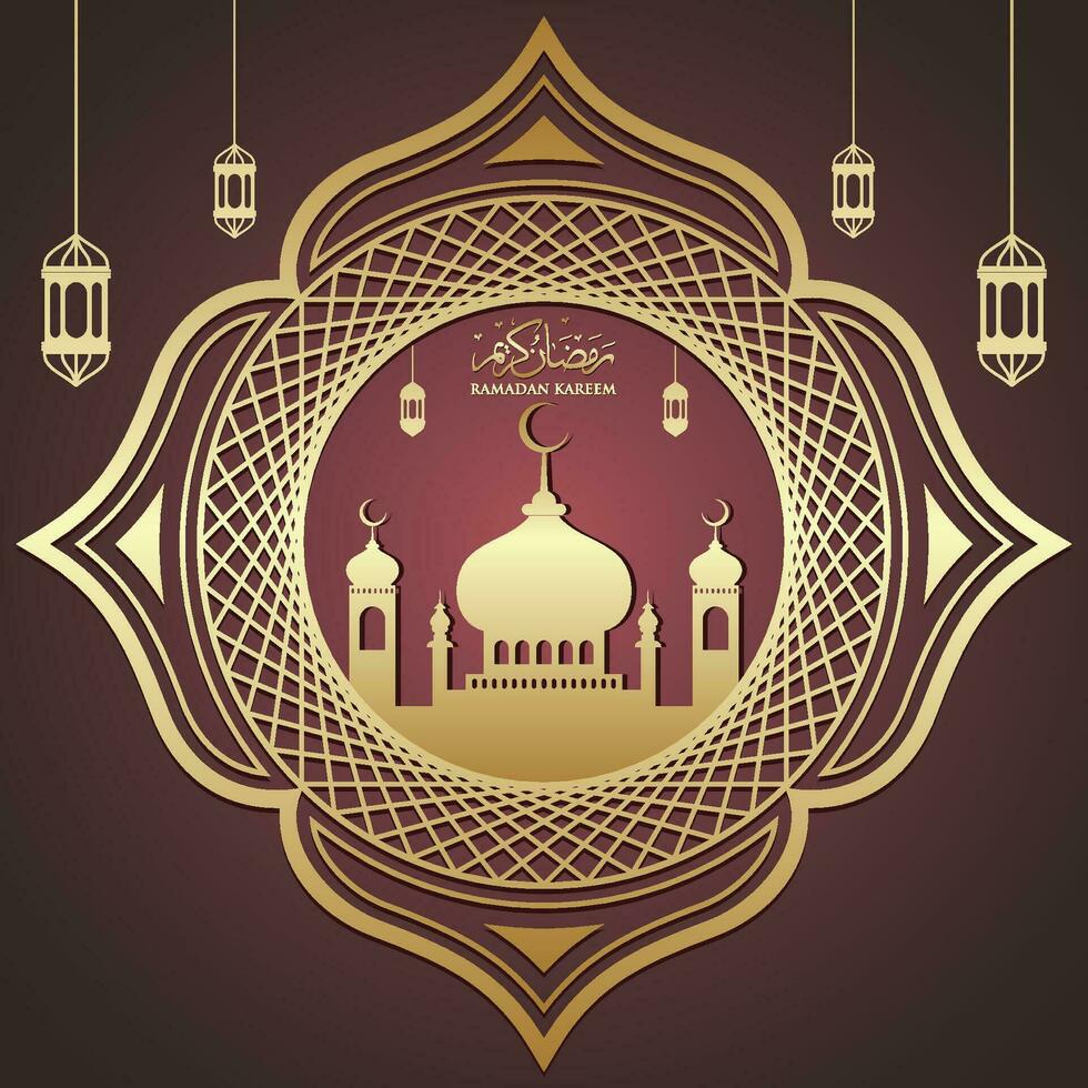 ramadan kareem conception islamique croissant de lune et silhouette de dôme de mosquée avec motif arabe et calligraphie vecteur