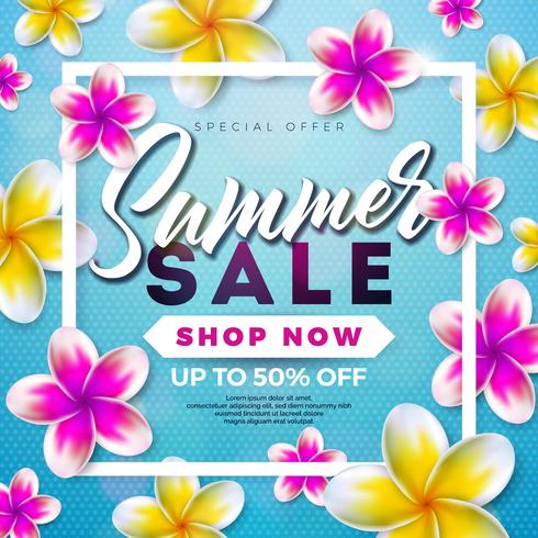 Conception de vente d&#39;été avec des fleurs et des feuilles exotiques sur fond bleu. Illustration vectorielle floral tropical avec des éléments de typographie offre spéciale pour le coupon vecteur