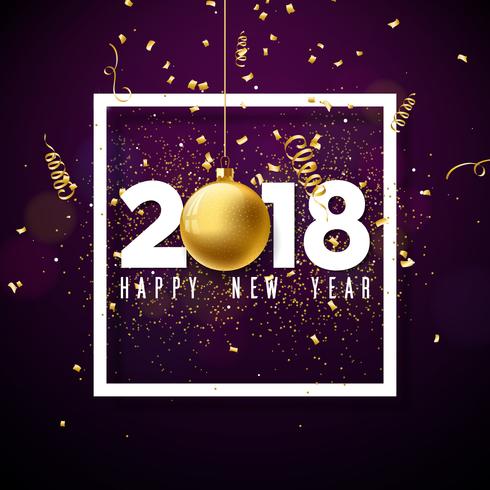 Vector Bonne année 2018 Illustration avec numéro blanc et ballon ornemental sur fond brillant de confettis. Conception de vacances pour carte de voeux Premium, invitation à la fête ou bannière promotionnelle.