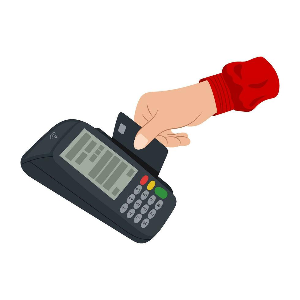 Payer pour achats avec une crédit carte en utilisant une Terminal. vecteur illustration de une main avec une crédit carte et une Terminal dans plat style.