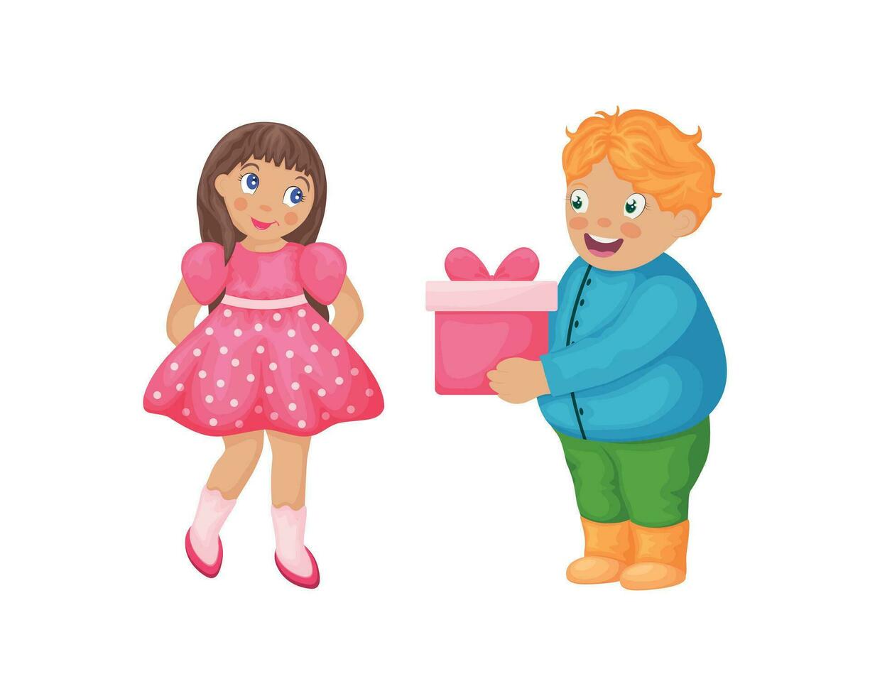 une garçon donne une cadeau à une fille. une mignonne garçon félicite une fille sur sa anniversaire. les enfants dans dessin animé style. le fille reçoit une cadeau. vecteur illustration