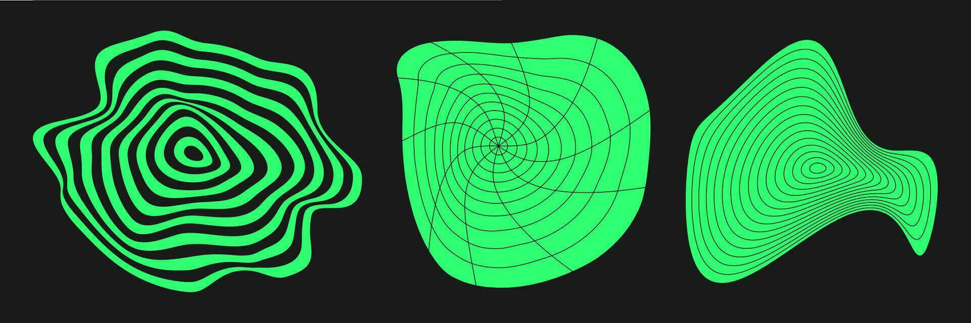 ensemble de déformé cyber grilles. cyberpunk géométrie élément y2k style. isolé vert engrener sur noir Contexte. vecteur mode illustration.