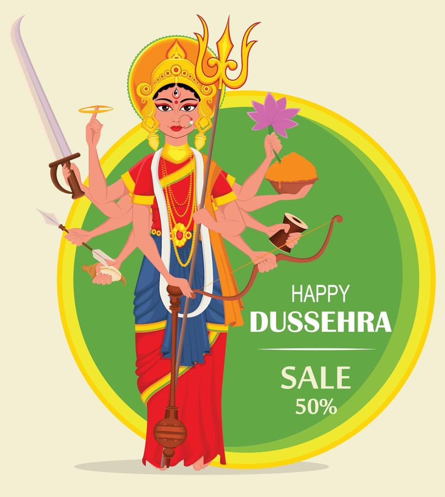 illustration vectorielle de dussehra heureux à vendre, shopping. maa durga sur fond vert abstrait vecteur