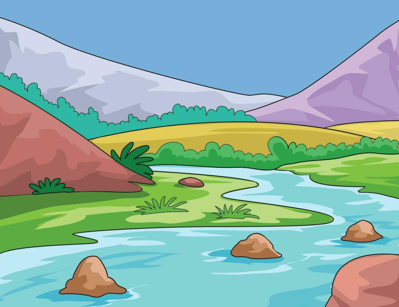 vecteur illustration montrant courant de rivière, des pierres, herbe et montagnes.eps
