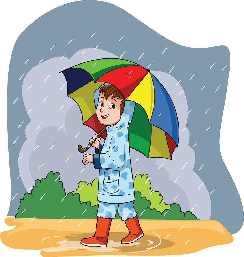 peu garçon porter coloré parapluie dans le pluvieux saison vecteur illustration