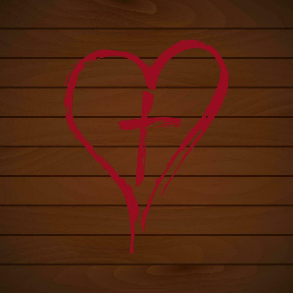 Christian rouge traverser et cœur tiré par brosse, isolé symboles sur une en bois Contexte vecteur