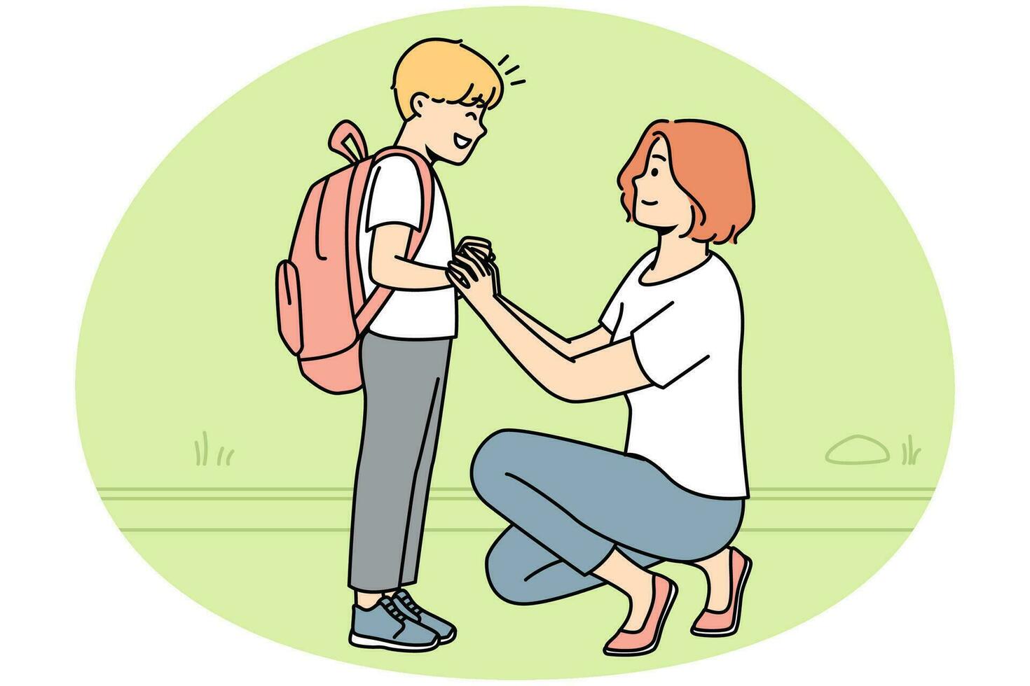 mère souriante voyant un petit fils adolescent avec sac à dos à l'école. heureuse maman attentionnée descendre garçon enfant excité à la maternelle. illustration vectorielle. vecteur