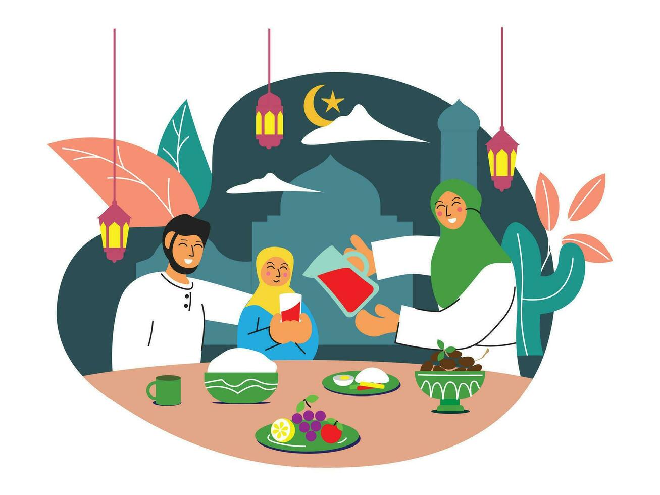 iftar plat illustration avec nourriture sur le tableau. gens prier pour iftar vecteur