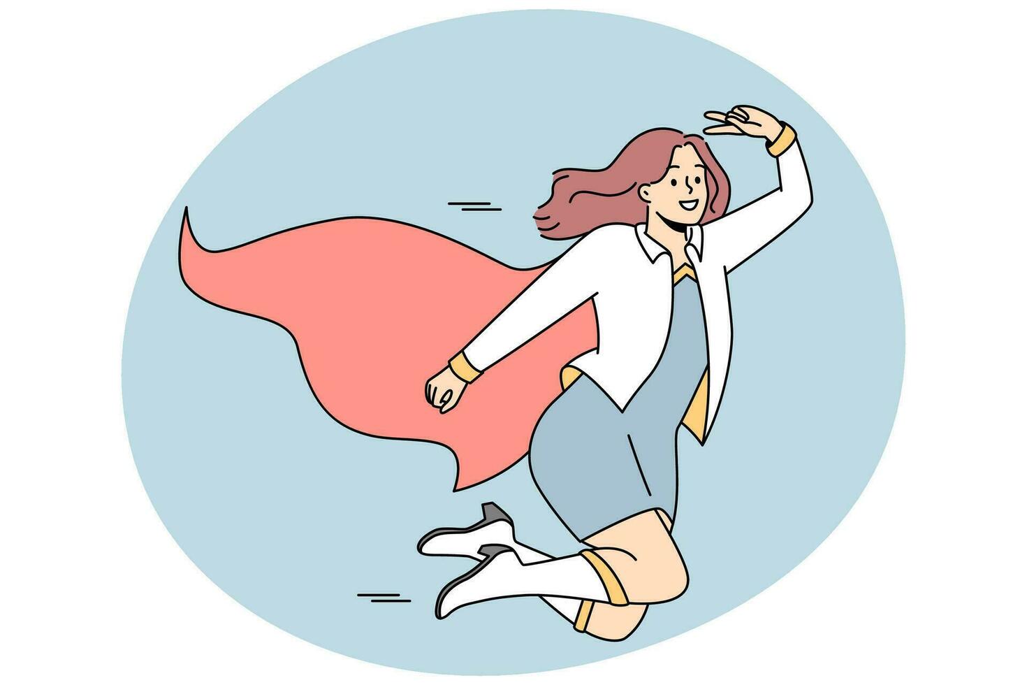 femme d'affaires souriante en costume de super-héros volant dans le ciel. une femme heureuse habillée en super-héros se sent motivée et prospère avec la réussite commerciale. illustration vectorielle. vecteur