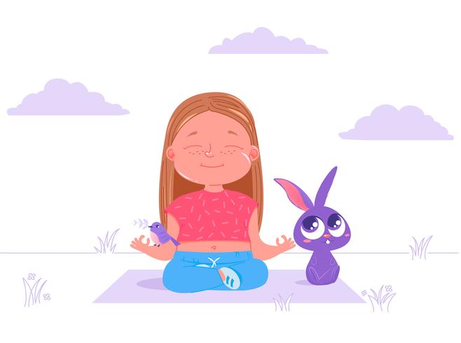 Jolie fille faire du yoga dehors avec lapin et oiseau vecteur