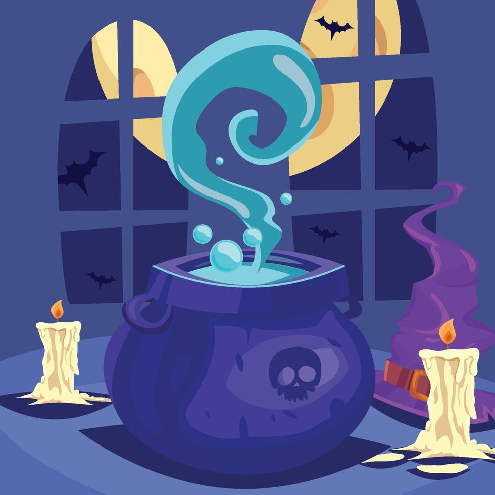 chaudrons de sorcière avec des potions magiques et fond d'halloween de dessin animé bouillant d'élixir vecteur