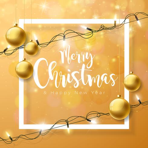 Illustration de vecteur joyeux Noël sur fond marron avec typographie et guirlande lumineuse de vacances, branche de pin, flocons de neige et boule ornementale.
