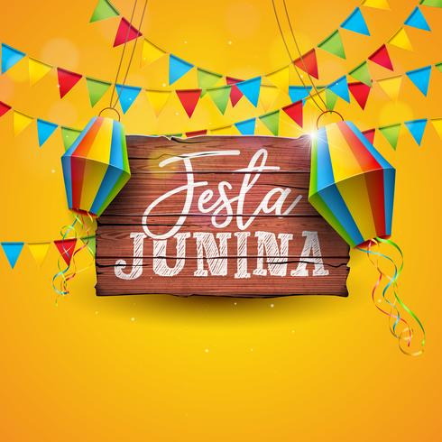 Festa Junina Illustration avec drapeaux de fête et lanterne en papier sur fond jaune. Vecteur Brésil Festival Festival Design pour carte de voeux, invitation ou affiche de vacances.