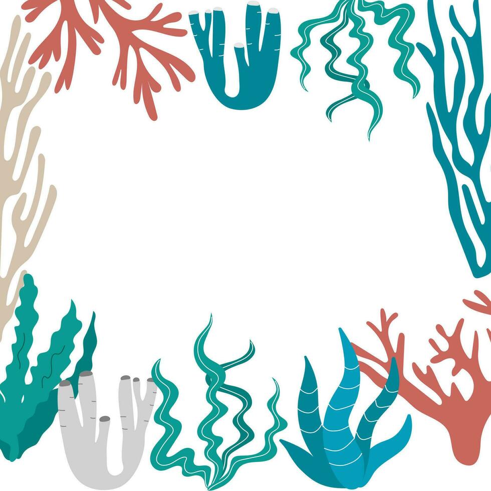 vecteur carré Cadre avec multicolore algue formes à le bas de le mer. bannière modèle avec brillant impression pour tissu, emballage, textile, fond d'écran, vêtements. sous-marin la vie