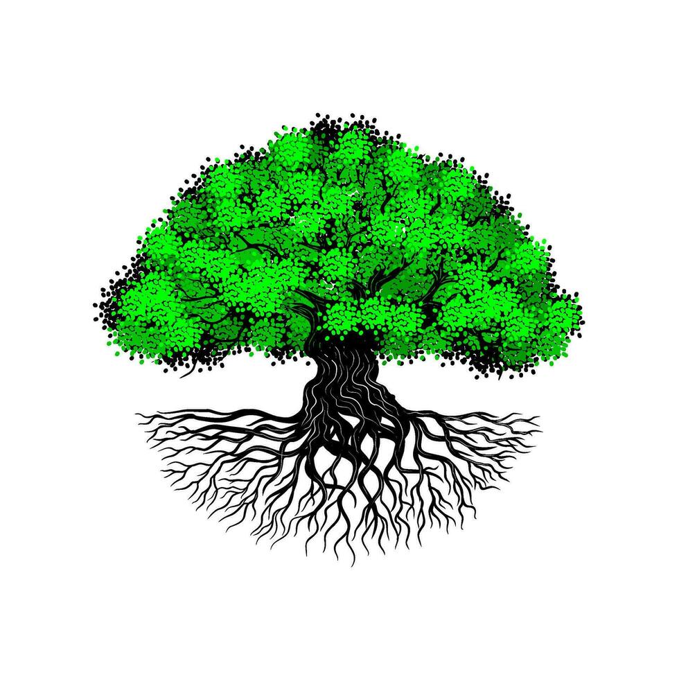 chêne logo avec racines. concept de gros arbre dans une cercle réel biens conception, construction, logement, meubles et plus vecteur