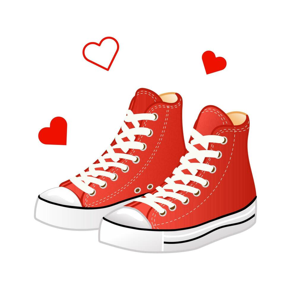 vecteur illustration de rouge haute baskets dans dessin animé style. baskets et cœurs icône.