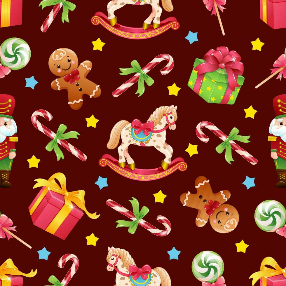 Noël sans couture modèle avec dessin animé pain d'épice homme, balancement cheval, bonbons, cadeau boîte. main tiré vecteur illustration