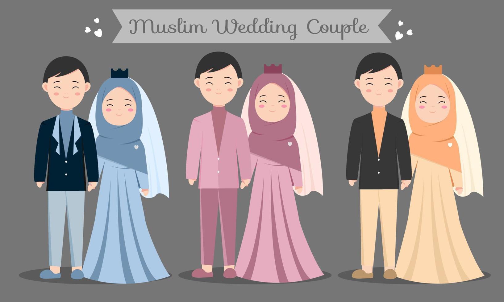 jeu de caractères de couple musulman mignon avec des robes pour carte d'invitation de mariage. illustration vectorielle en dessin animé d'un couple amoureux vecteur