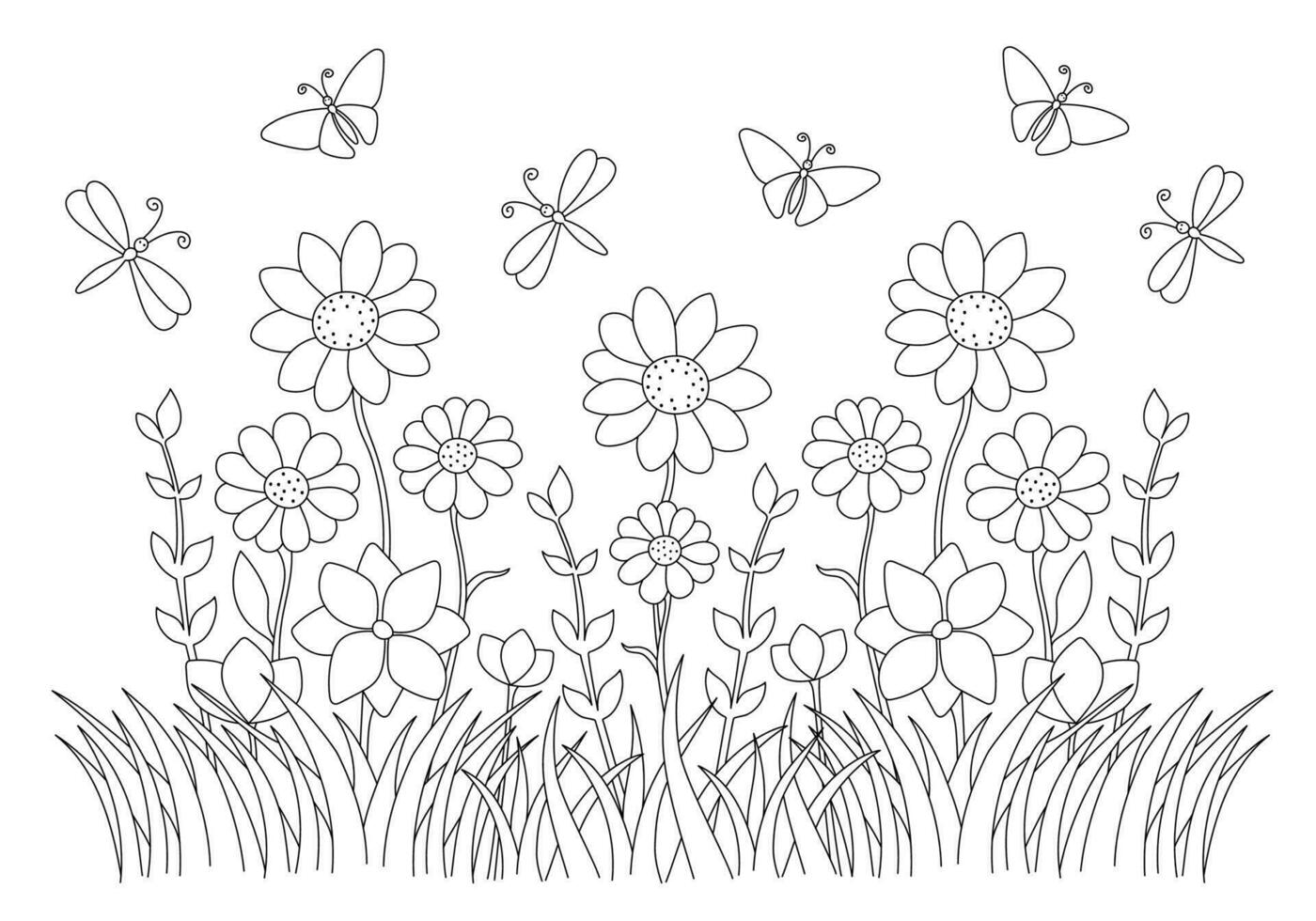 coloration page avec dessin animé papillons en volant plus de le herbe et fleurs. main tiré vecteur profilé noir et blanc illustration.