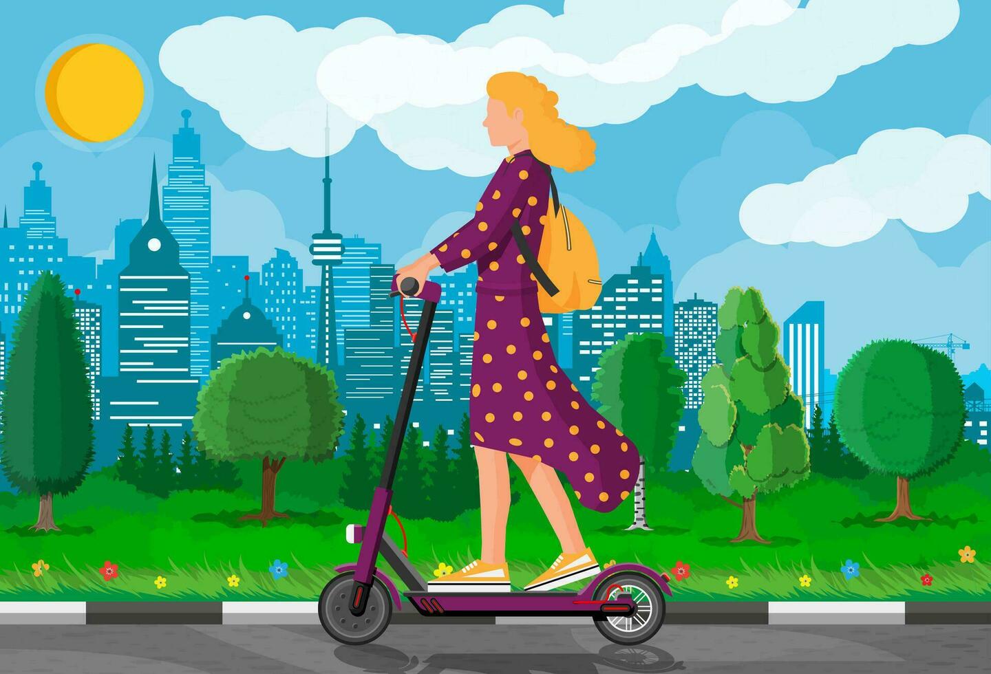 Jeune femme sur donner un coup scooter. fille avec sac à dos roulant sur électrique scooter. branché personnage les usages moderne Urbain transport. écologique, pratique ville transport. dessin animé plat vecteur illustration