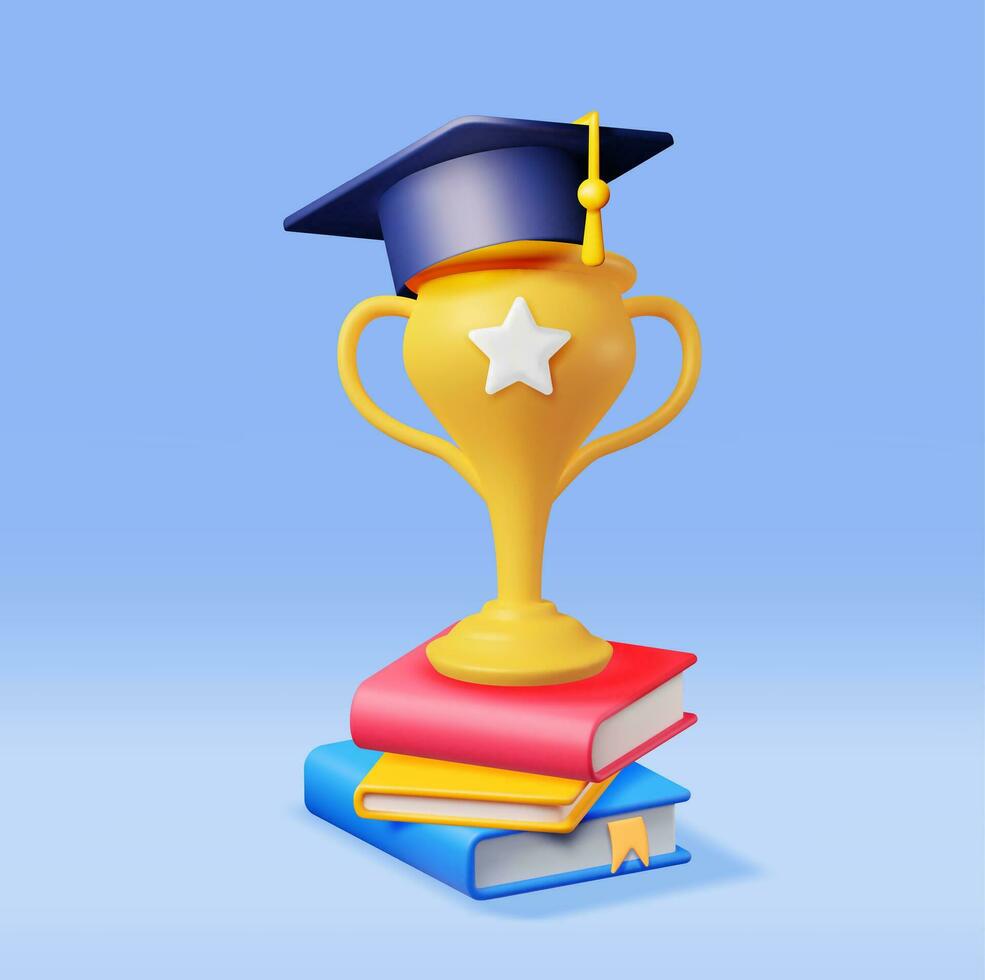 3d or trophée, livres empiler et l'obtention du diplôme casquette isolé. rendre d'or tasse et éducation chapeau. diplôme ou accréditation. objectif et réalisation. affaires l'obtention du diplôme concept. vecteur illustration