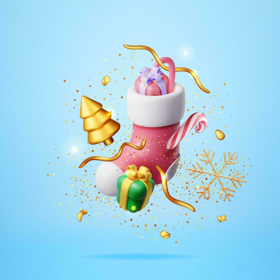 3d Noël stockage isolé. rendre chaussette avec arbre, cadeau boîte, flocon de neige, bonbons canne. content Nouveau année décoration. joyeux Noël vacances. Nouveau année et Noël fête. vecteur illustration