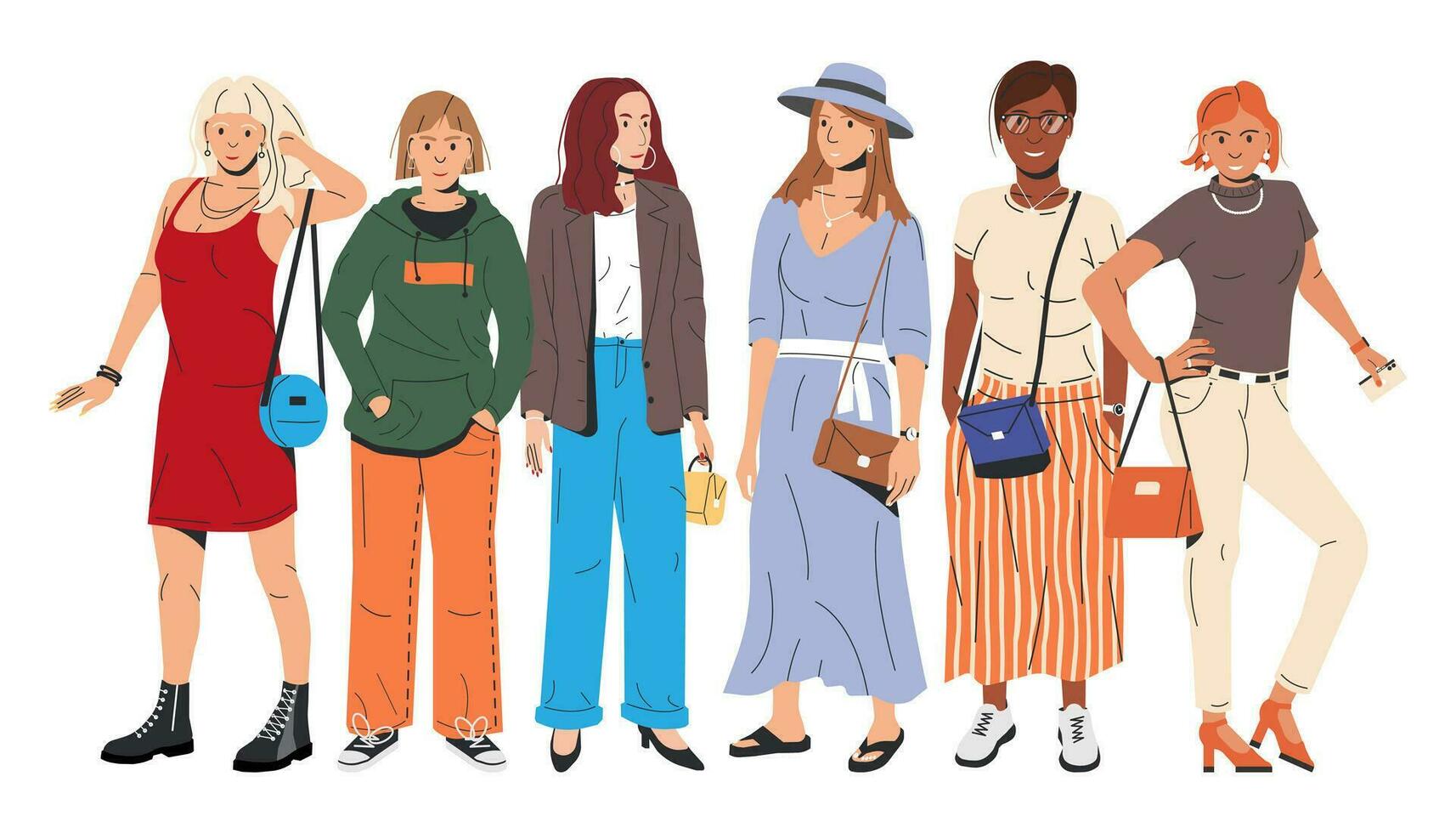 groupe de mode femelle personnages. Jeune femme dans branché tenue. hipsters permanent ensemble. les filles avec différent coiffures peau et ethnies dans élégant décontractée vêtements. plat vecteur illustration