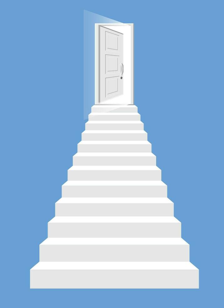 blanc escaliers et ouvert porte isolé. pas en haut à le brillant entrée. concept de succès, réalisation, escalier à paradis. symbole de motivation, développement. plat vecteur illustration