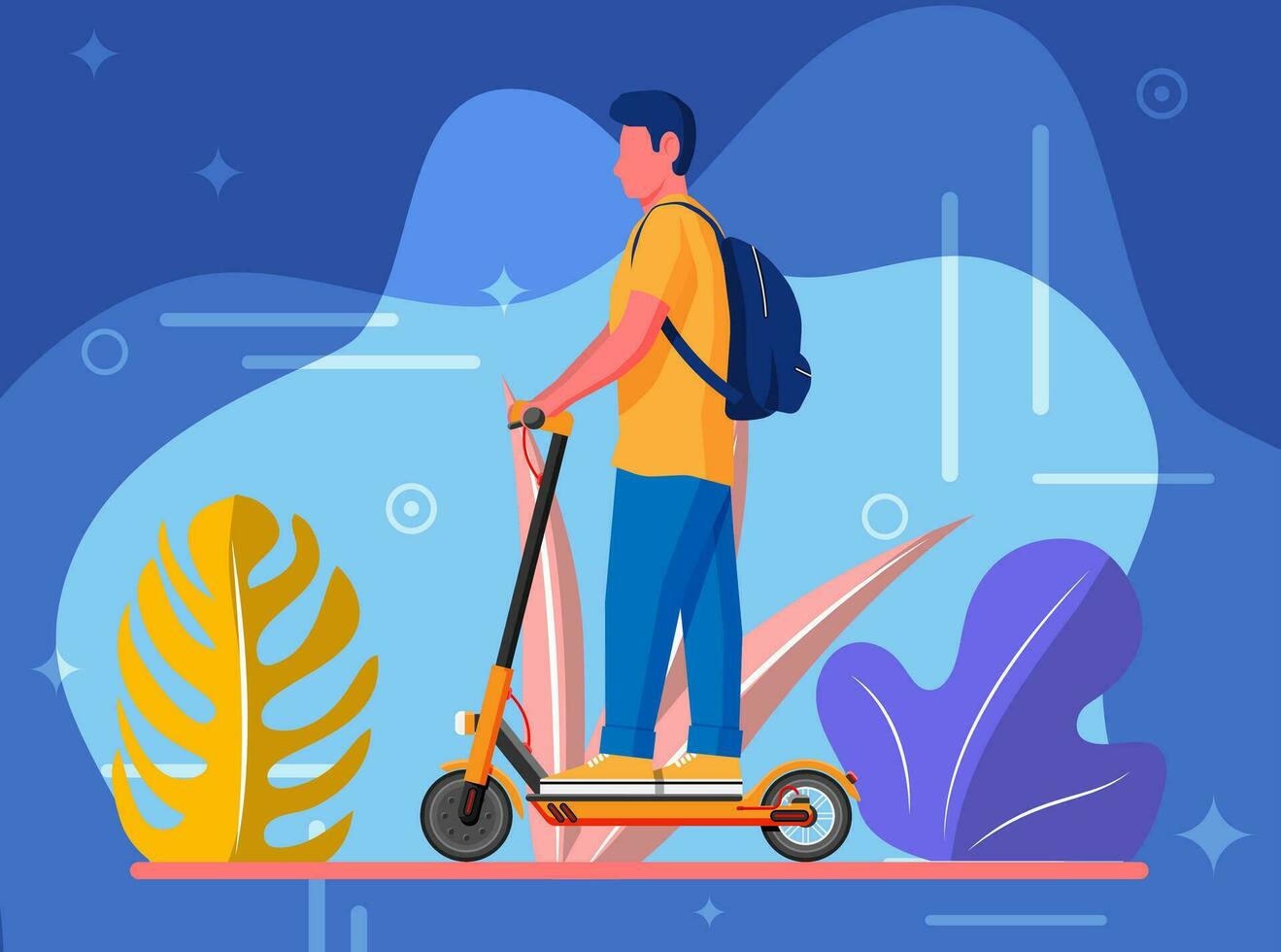 Jeune homme sur donner un coup scooter. gars avec sac à dos roulant sur électrique scooter. branché personnage les usages moderne Urbain transport. écologique, pratique ville transport. dessin animé plat vecteur illustration