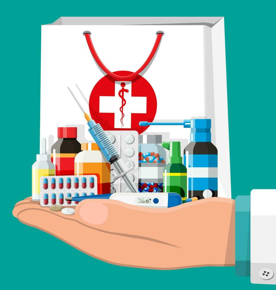 main avec médicament collection dans sac. ensemble de bouteilles, comprimés, pilules, gélules, Vaporisateurs pour maladies et douleur traitement. médical médicament, vitamine, antibiotique. soins de santé pharmacie. plat vecteur illustration