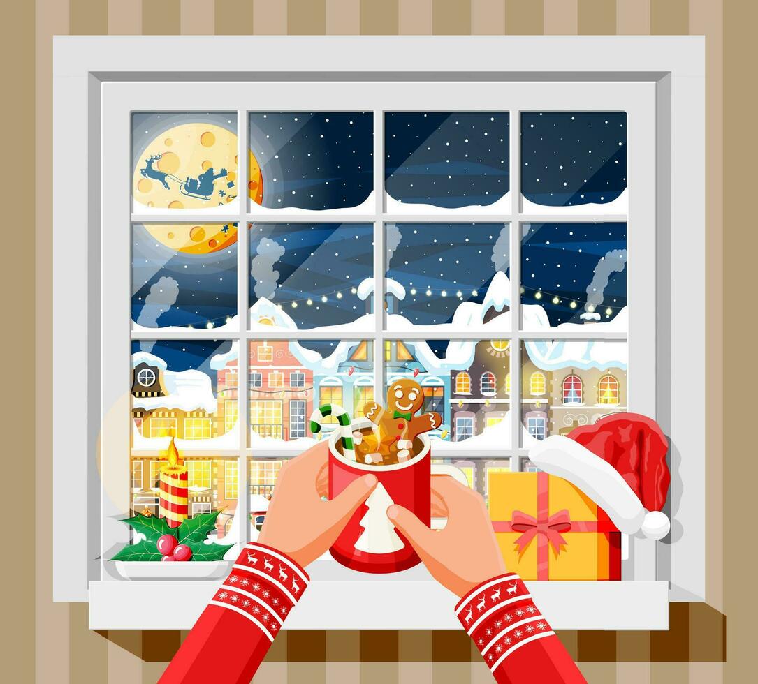 confortable intérieur de pièce avec la fenêtre. content Nouveau année décoration. joyeux Noël vacances. Nouveau année et Noël fête. hiver paysage, arbre, neige, ville. dessin animé plat vecteur illustration.