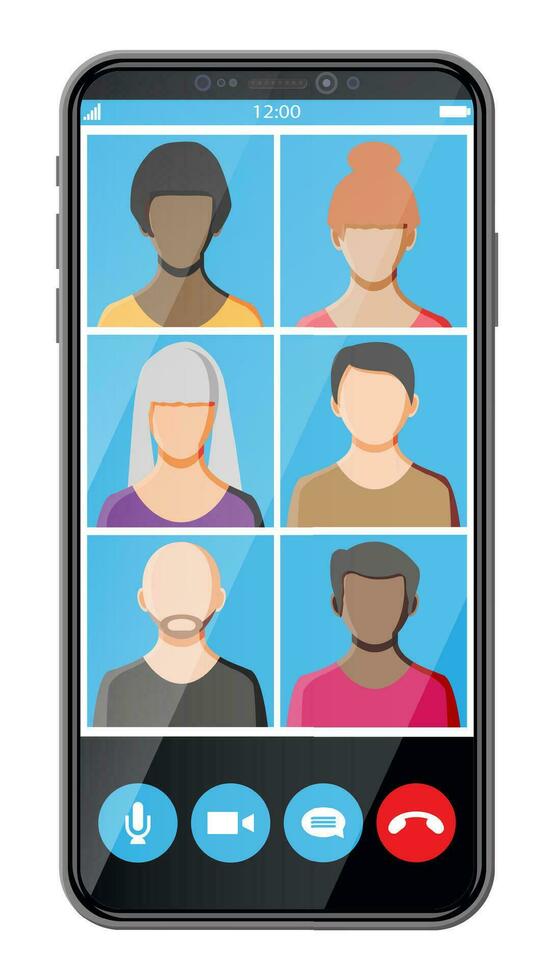 réunion entreprise via vidéo conférence. vidéo appel sur téléphone intelligent. bavarder avec groupe de personnes. déclin et J'accepte boutons sur filtrer. en ligne réunion, appel vidéo séminaire en ligne ou entraînement. plat vecteur illustration