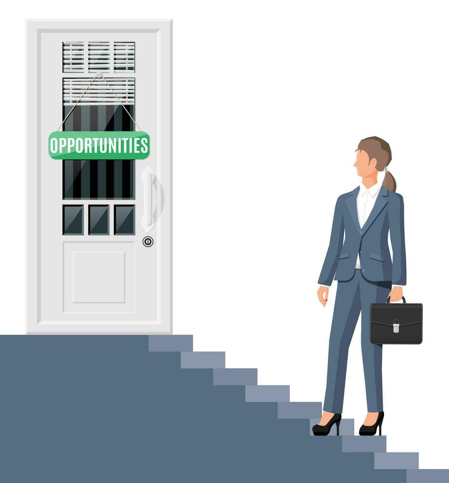 femme d'affaires permanent dans de face de fermé porte. solution, gagnant, avenir, affaires Succès concept. ouvert porte de gros opportunités. réussite et but. plat vecteur illustration