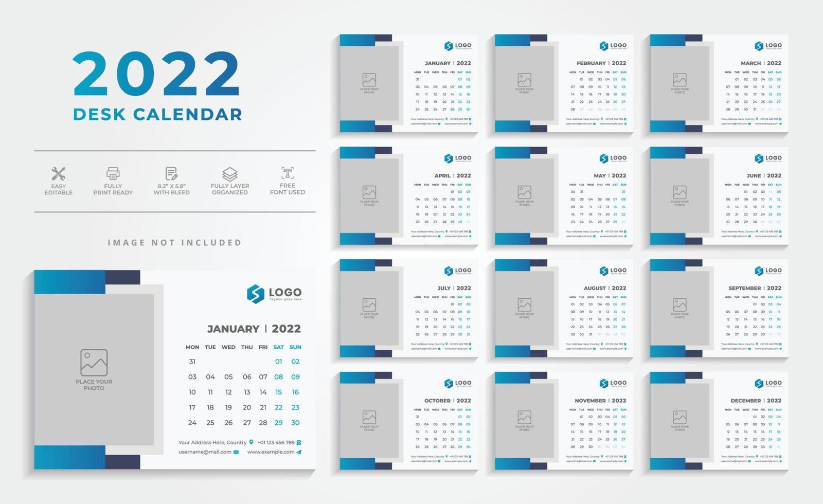 calendrier de bureau moderne bleu pour 2022 vecteur