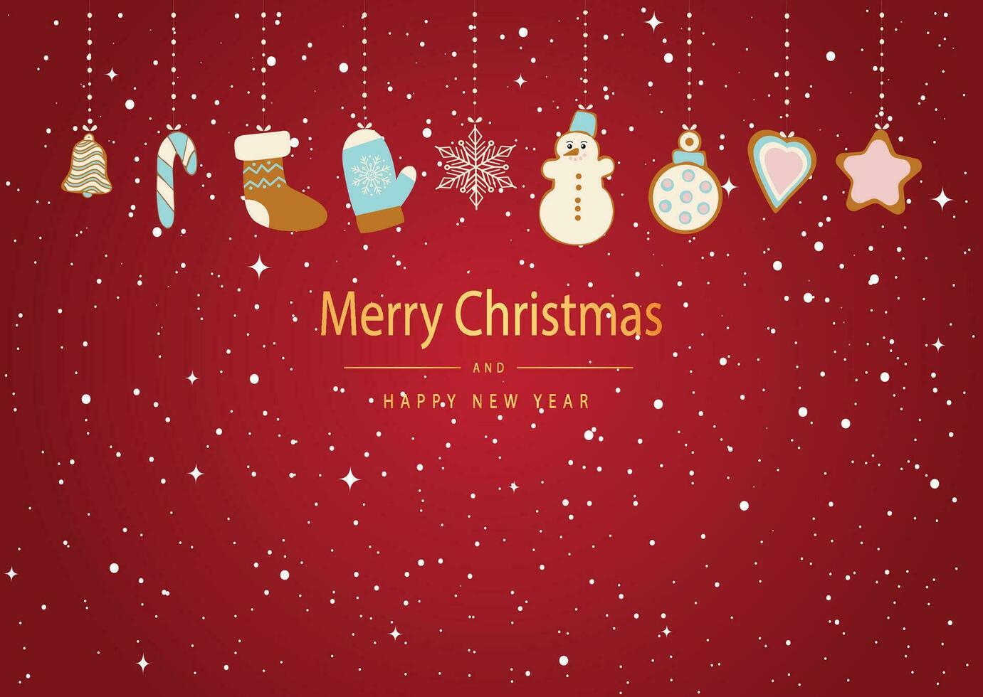 une carte de joyeux noël. biscuits en pain d'épice en forme de bonhomme de neige, d'arbre de Noël et de bonhommes en pain d'épice et divers jouets d'arbre de Noël. célébrer le nouvel an et noël vecteur