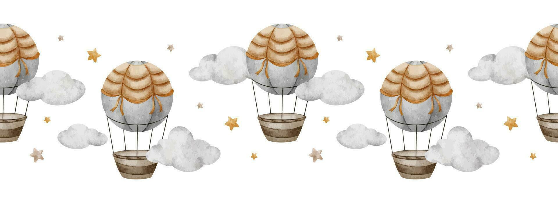 beige chaud air des ballons, des nuages et étoiles. mignonne bébé sans couture frontière. enfants Contexte. aquarelle Cadre. isolé. conception pour des gamins marchandises, cartes postales, bébé douche et enfants pièce vecteur