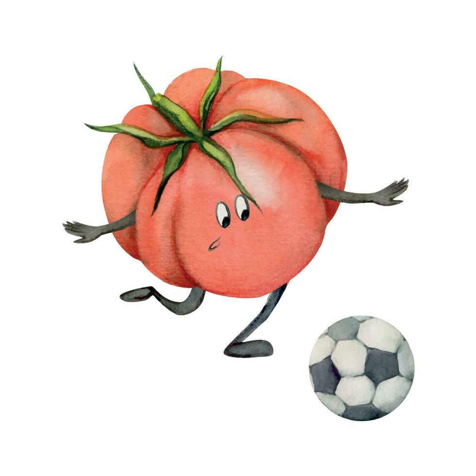 main tiré aquarelle tomate personnage en jouant football football, coups de pied Balle entraine toi. aptitude santé. illustration isolé composition, blanc Contexte. conception pour affiche, imprimer, site Internet, carte, Gym vecteur