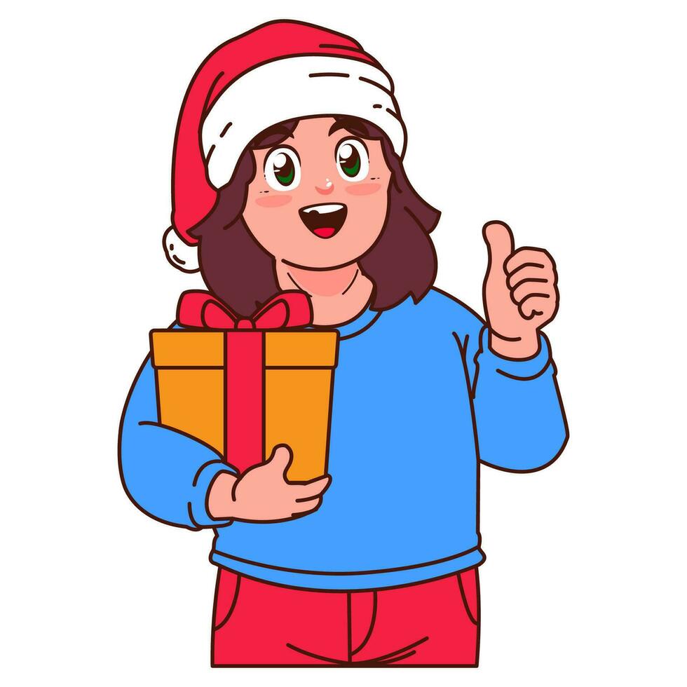 une fille dans une Père Noël chapeau en portant une Noël cadeau vecteur