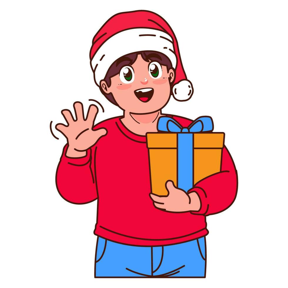une garçon dans une Père Noël chapeau en portant une Noël cadeau vecteur