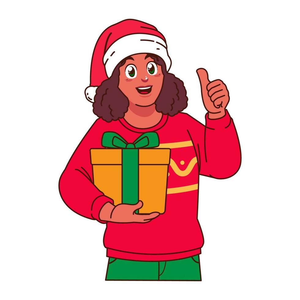 noir femme dans Noël chandail et Père Noël chapeau en portant une cadeau boîte vecteur