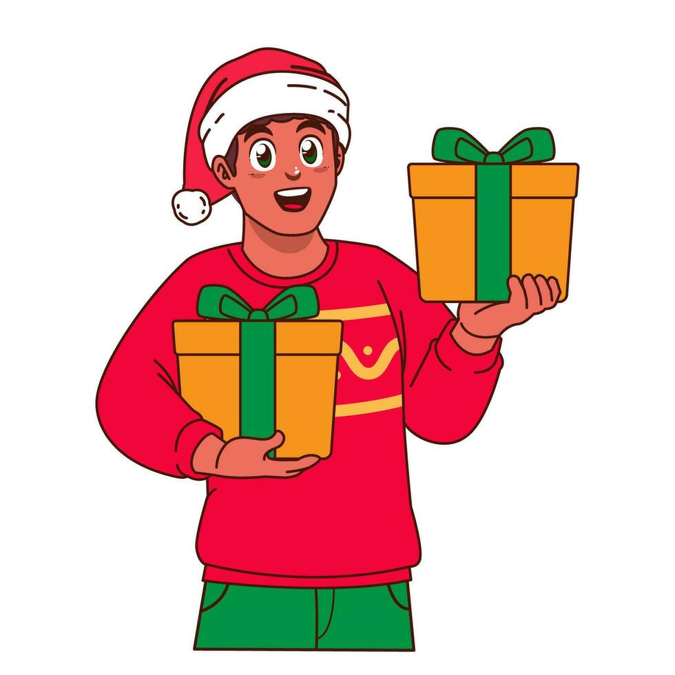 noir homme dans Noël chandail et Père Noël chapeau en portant une cadeau boîte vecteur