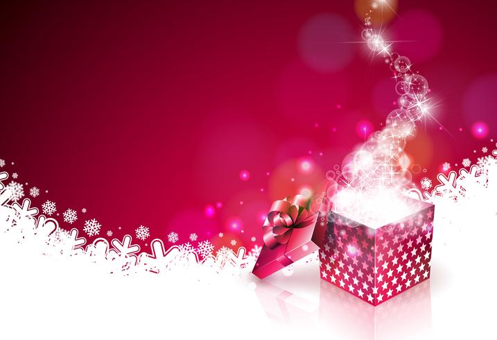 Illustration de Noël sur fond rouge brillant avec une boîte cadeau magique. Conception de vacances de vecteur pour carte de voeux Premium, invitation au parti ou bannière promotionnelle.