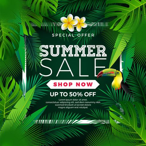 Conception de vente d&#39;été avec des feuilles de fleurs, de toucan et exotiques sur fond vert. Illustration vectorielle floral tropical avec des éléments de typographie offre spéciale pour le coupon vecteur