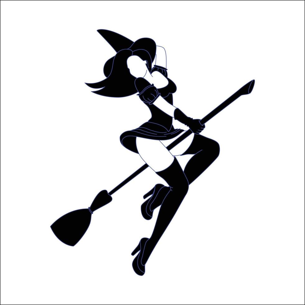 silhouette de personnage de thème halloween - sorcière avec balai silhouette dessinée à la main, silhouette de femme evel avec balai. isilhouette halloween sur fond isolé. vecteur