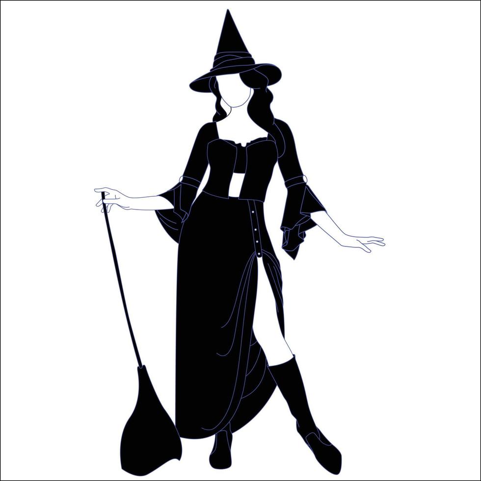 silhouette de personnage de thème halloween - sorcière avec balai silhouette dessinée à la main, silhouette de femme evel avec balai. isilhouette halloween sur fond isolé. vecteur