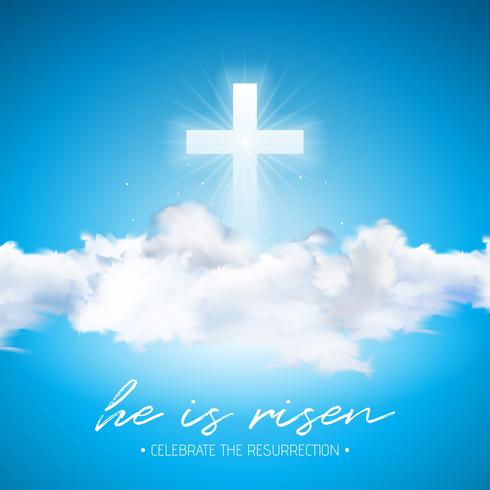 Illustration de vacances de Pâques avec croix et nuage sur fond de ciel bleu. Il est ressuscité. vecteur